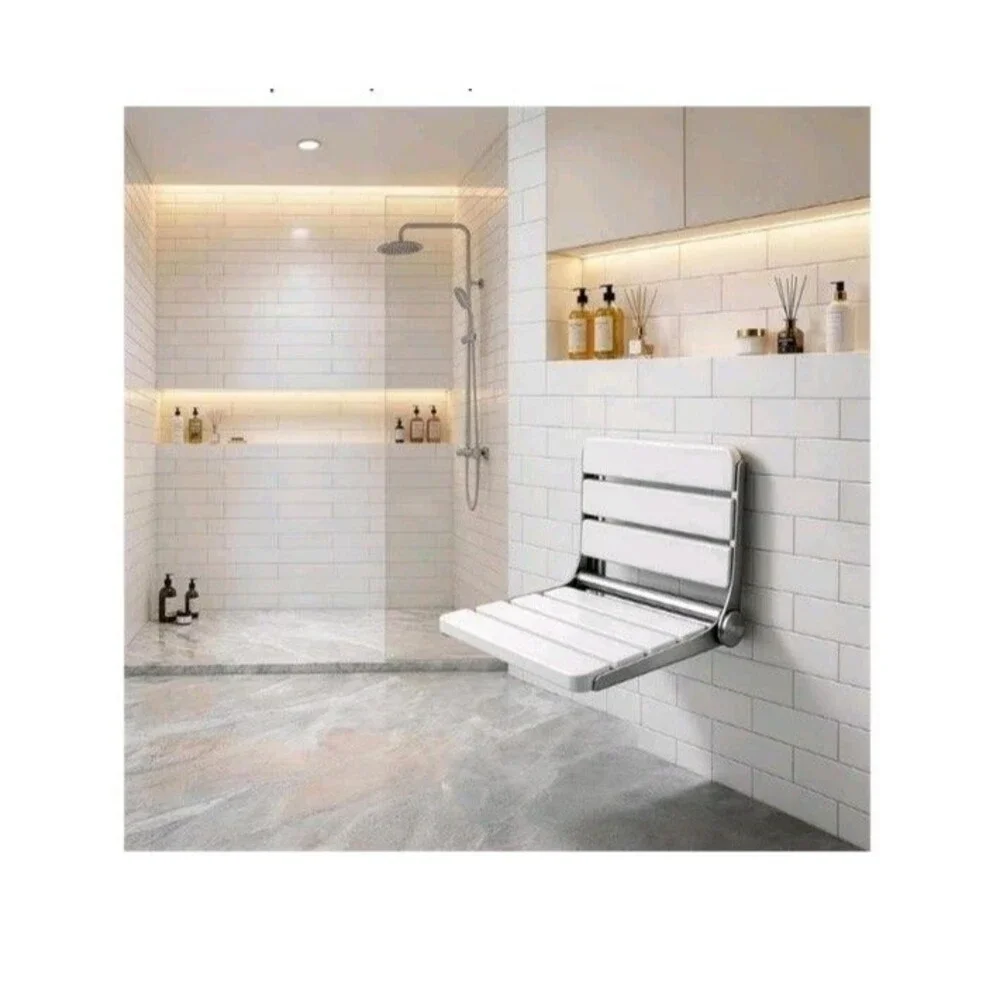 16' Foldable Shower Seat Wall Mounted 400 Ib Max Load White